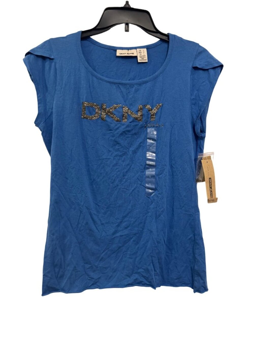 vintage DKNY Jeans Womens Blue Sequin Logo T-Shirt Size L NWT